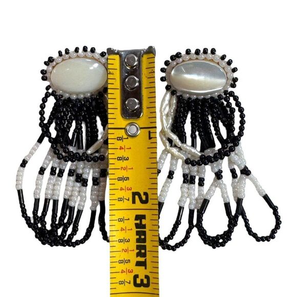 Vintage Mother of Pearl Cabochon Handmade Black & White Beaded Dangle Earrings - Picture 6 of 7